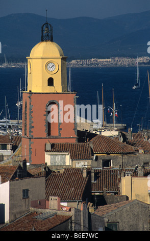 View over Saint Tropez with church clock tower or belfry, Var Département, Côte d'Azur, France