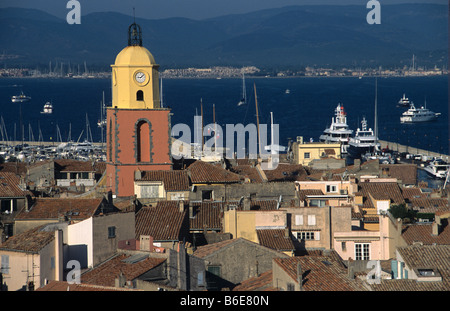 View over Saint Tropez with church clock tower or belfry, Var Département, Côte d'Azur, France