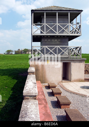 The observation tower at Senhouse Roman Museum over looking the Roman Fort Alauna and towards Camp Road and Camps farm Stock Photo