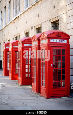 Five red phone boxes. Broad Court, Covent Garden, London, England, UK Stock Photo