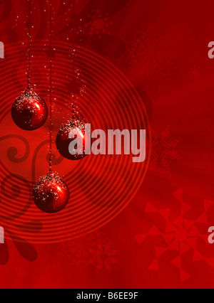 Red christmas illustration with balls stars and snowflakes Stock Photo