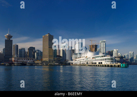 Canada Place and Vancouver waterfront with Harbour Centre and Seabus terminal from ferry Burrard Inlet Stock Photo