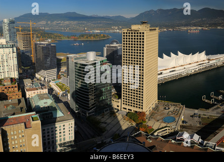 Aerial view of Burrard Inlet and coastal mountains from downtown lookout in Vancouver Stock Photo