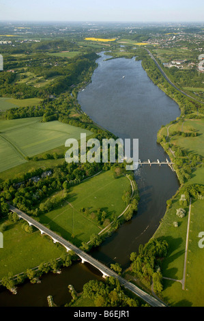 Aerial view of Stiepel waterworks and Kemnade Fields Nature Reserve, Ruhr River, Ruhr valley, and Kemnade reservoir, Hattingen- Stock Photo