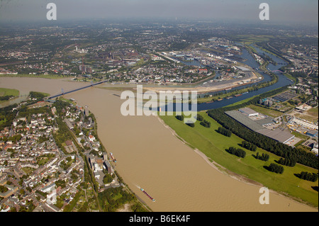 Aerial photograph, brown Rhine River flood water from the alpine region mixing with the clean Ruhr water at the mouth of the Ru Stock Photo