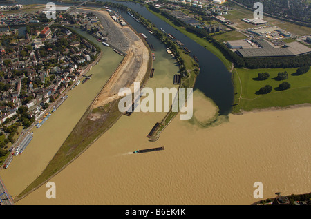 Aerial photograph, brown Rhine River flood water from the alpine region mixing with the clean Ruhr water at the mouth of the Ru Stock Photo
