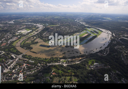 Aerial picture, Ruhr flooding, Ueberruhr, Ueberruhrinsel, waterworks, camp site Baldeneysee, Kupferdreh, Essen, Ruhr area, Nort Stock Photo