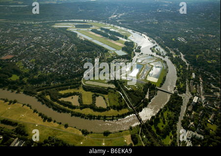 Aerial picture, Ruhr flooding, Ueberruhr, Ueberruhrinsel, waterworks, camp site Baldeneysee, Kupferdreh, Essen, Ruhr area, Nort Stock Photo