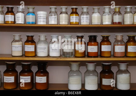 Chemicals reagents in a row in glass bottles placed at laboratory Stock ...