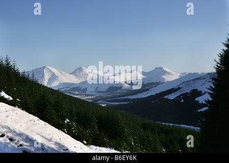 Winter view of Ben More and Stob Binnein from the slopes of Beinn Bhreac-liath Stock Photo