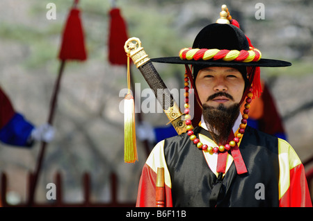 Korean Imperial Guard Member at the Gyeongbokgung Palace in Seoul, South Korea, Seoul Stock Photo