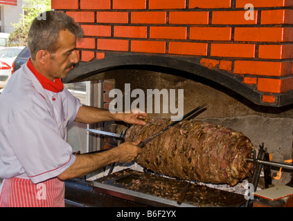 Doner kebab, sliced roasted lamb, in Erzurum restaurant Stock Photo