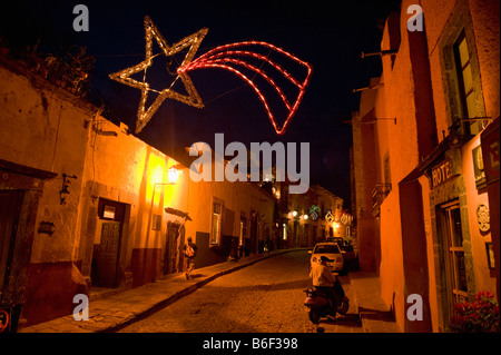 Colonial Town at night, Christmas Season, San Miguel de Allende, MEXICO Stock Photo