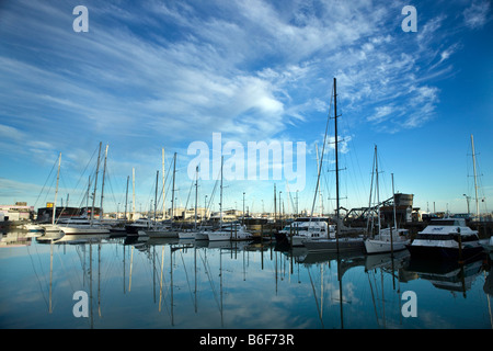 Sailboats are moored in the Viaduct Harbour (Basin), at morning, Auckland, New Zealand Stock Photo