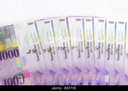 Thousand Franc notes, Swiss banknotes Stock Photo