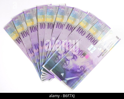 Thousand Franc notes, Swiss banknotes Stock Photo