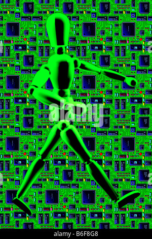 abstract concept view of mannequin or manikin walking circuit board background Stock Photo