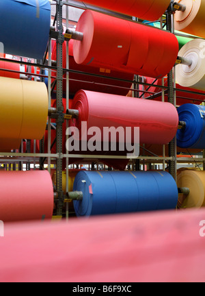 Store filled with rolls of nonwoven fabric in all colors for the production of commercial cleaning cloths used by cleaning serv Stock Photo