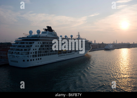 Cruise ship at sunrise in the Grand Canal, Venice, Italy, Europe Stock Photo