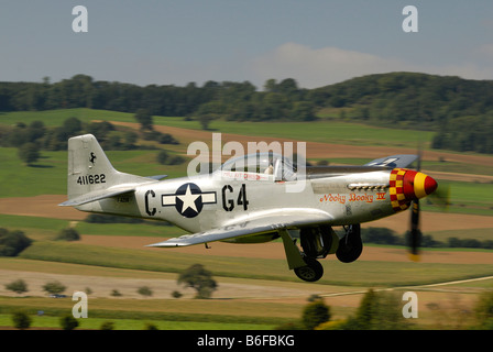 Legendary American fighter aircraft, North American P-51 Mustang, shortly after take-off Stock Photo