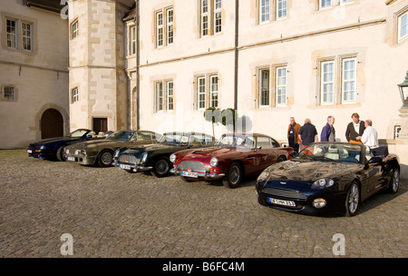 Aston Martin cars, from left to right, Aston Martin DB7 Vantage Volante, Aston Martin DB III, Aston martin DB5, Aston martin Va Stock Photo