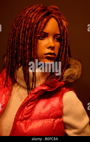 Female shop window mannequin wearing dreadlocks, Colmar, Alsace, France, Europe Stock Photo