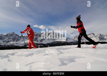 Nordic or cross-country skiers on the Alpe Nemes Alps, High Puster Valley or High Puster Valley or Alto Pusteria, Bolzano-Bozen Stock Photo