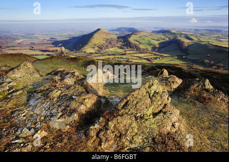 View from Caer Caradoc north to The Lawley and The Wrekin, in the Shropshire Hills, near Church Stretton Stock Photo