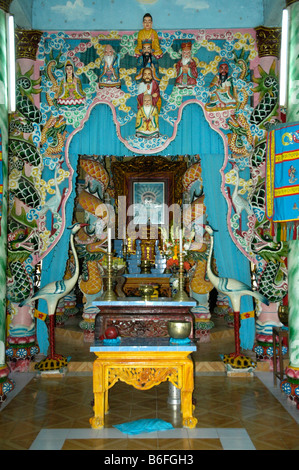 Colourful altar in the Cao Dai Temple in Go Dao near the city of Ho Chi Minh, Saigon, Vietnam, Southeast Asia