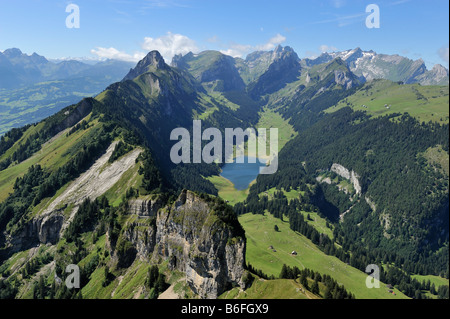 View from Mt Hoher Kasten in the direction of Saemtiersee Lake and Saentis, Appenzell, Switzerland, Europe Stock Photo