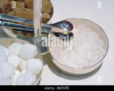 Several kinds of sugar, cube sugar, cane sugar, sugar candy  into 3 different bowls and with a tongs Stock Photo