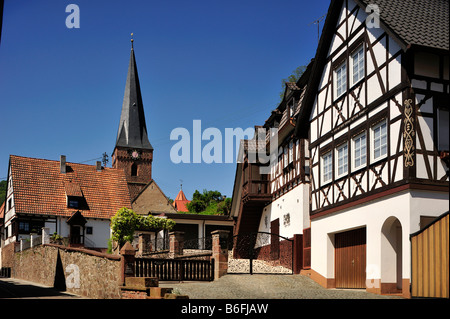 Half timbered buildings and church tower, Doerrenbach, Naturpark Pfaelzerwald Nature Park, Rhineland-Palatinate, Germany, Europe