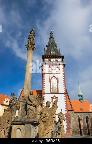 Holiest Trinity Column and City Tower in Chomutov, North Bohemia, Czech Republic, Europe Stock Photo