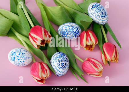 Easter setting with eggs and tulips Stock Photo
