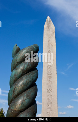 Serpentine column and obelisk of Theodosius, hippodrome, Istanbul, Turkey Stock Photo