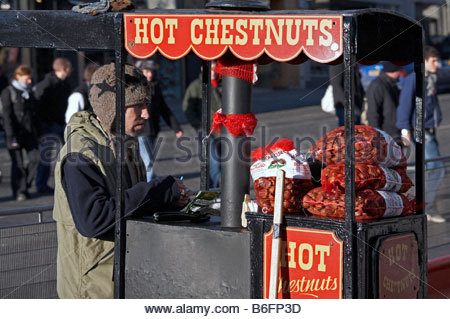 Hot Chestnut vendor at Christmas, Edinburgh, Scotland Stock Photo