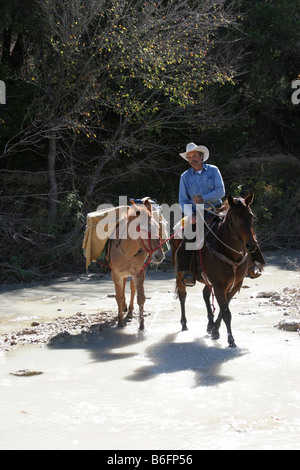 Claim Digger on horseback walking through a stream in Texas wanting to pan for Gold Stock Photo
