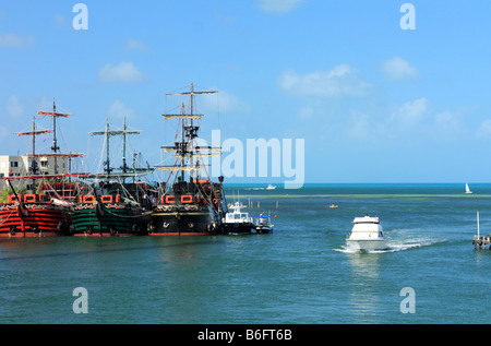 Pirate cruise ships in El Embarcadero in Cancun Mexico Stock Photo