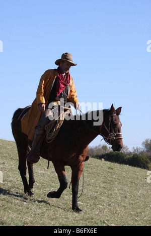 A cowboy riding his horse down a hill out on the range Stock Photo