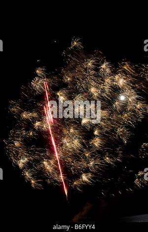 Firework display light show rocket explosion spread in black sky Full moon Newport Pembrokeshire coast. Vertical 89023 Fireworks Stock Photo