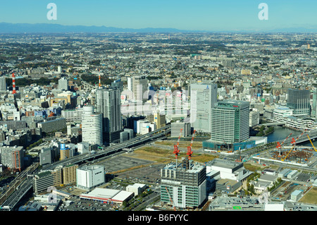 An aerial view of the downtown area around Yokohama JR station and the Bay Quarter towards Tokyo, Yokohama JP Stock Photo