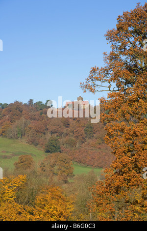 Distant view of St Martha's church on the North Downs Way Surrey Hills near Guildford Surrey England autumn colour Stock Photo
