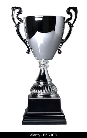 Silver trophy cup on stand isolated on a white background with clipping path Plain reflection Stock Photo