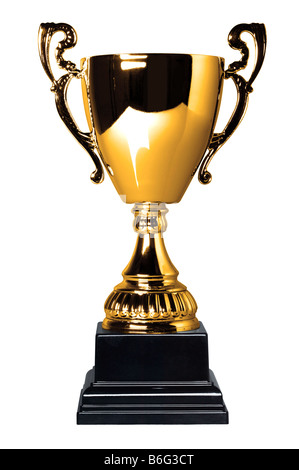 Gold trophy cup on stand isolated on a white background with clipping path Plain reflection Stock Photo