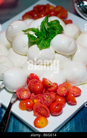 Mozzarella di bufala (mozzarella cheese made from buffalo milk) with cherry tomatoes. Stock Photo