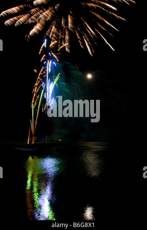 Firework display light show rocket explosion spread in black sky Full moon Newport Pembrokeshire coast. Vertical 89001 Fireworks Stock Photo