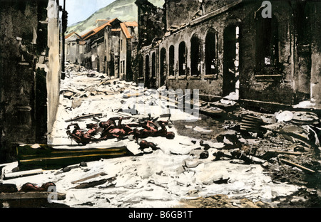 Street scene in Saint-Pierre after the eruption of Mount Pelee, Martinique, 1902. Hand-colored halftone of a photograph Stock Photo