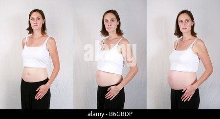 Pregnant woman at four five and six months gestation sixteen twenty and 24 weeks time lapse one of three images in series Stock Photo