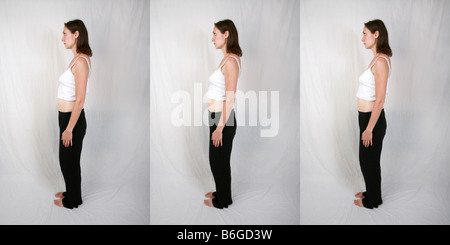 Pregnant woman at one two and three months four eight and twelve weeks time lapse one of three images side profile full length Stock Photo