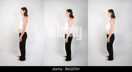 Pregnant woman at four five and six months gestation sixteen twenty and 24 weeks time lapse one of three images side profile Stock Photo